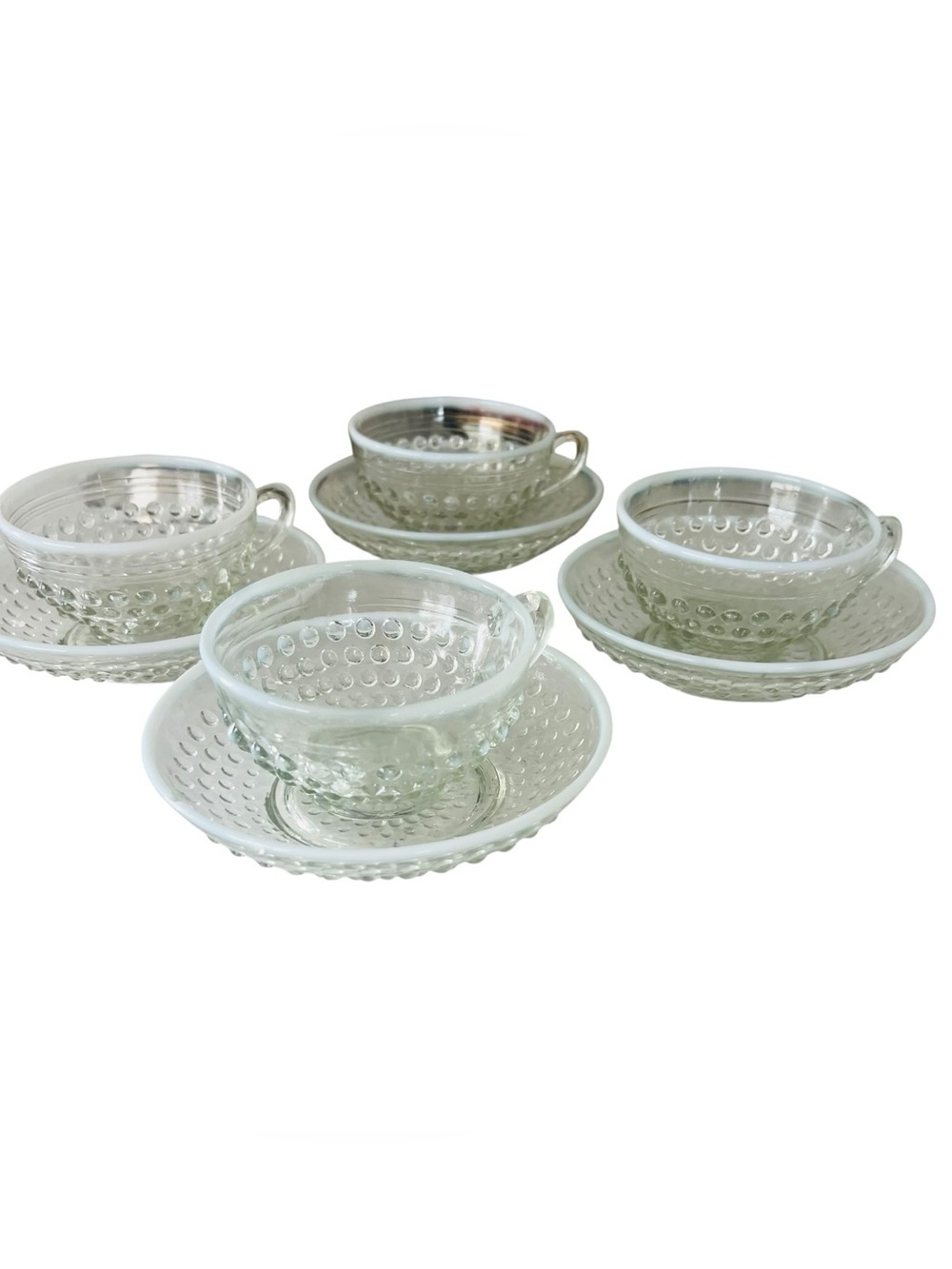 Vintage Anchor Hocking Moonstone Opalescent Hobnail Cup & Saucer Set of 4